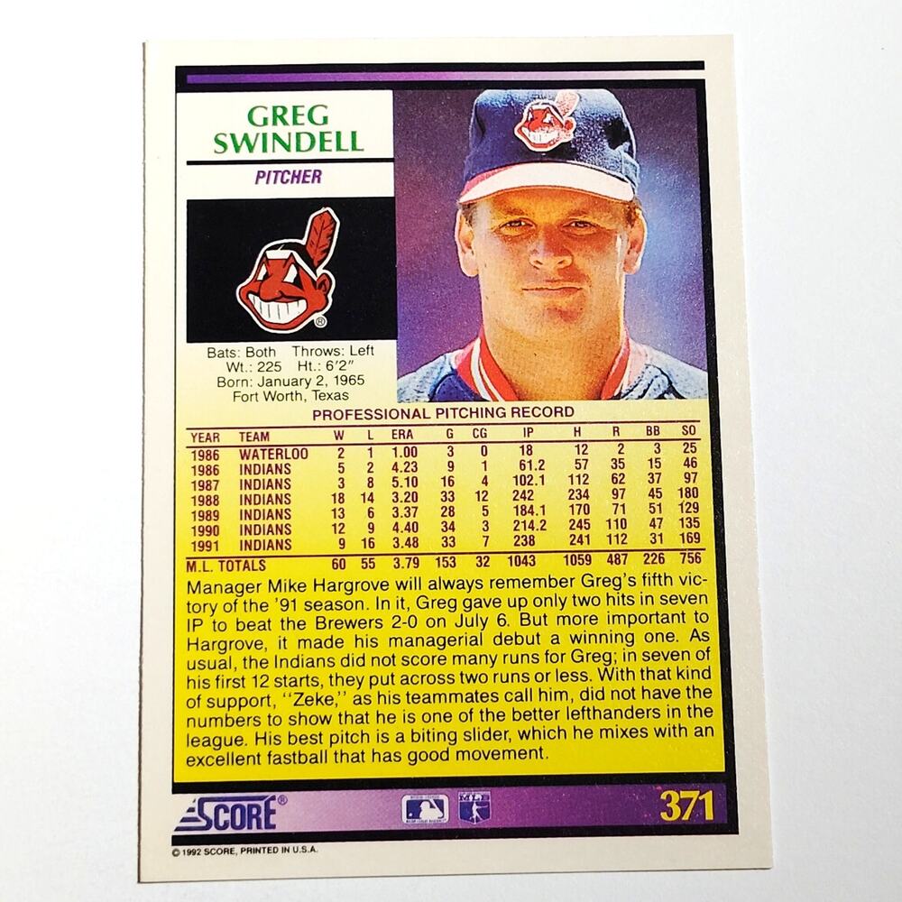 1992 Score Greg Swindell #371 Cleveland Indians LH Pitcher MLB Baseball NM